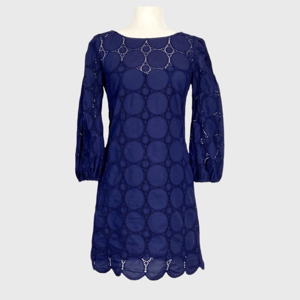 Laundry Shelli Segal Womens Blue Lace Eyelet Dress Cotton 3/4 Sleeves size 4